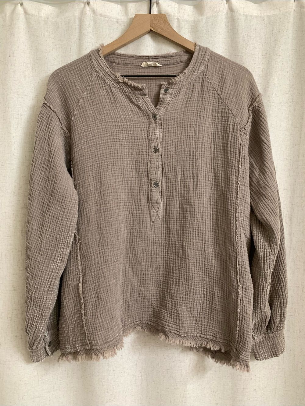 easel 100% Gauze Cotta Peasant Taupe-Like Button Henley Tunic Small